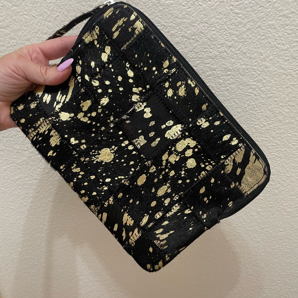 Genuine Cowhide Black and Gold Splatter Clutch